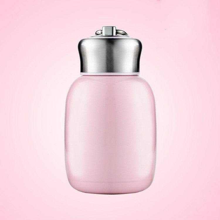 Mini vacuum flask water bottle with pink body and stainless steel flip-top lid.