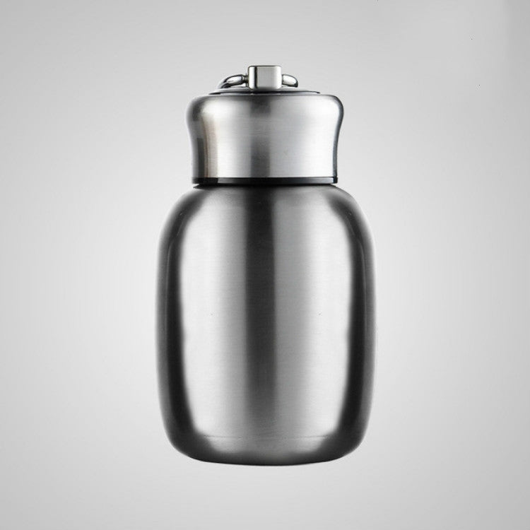 Stainless steel mini vacuum flask with flip-top lid and rounded body