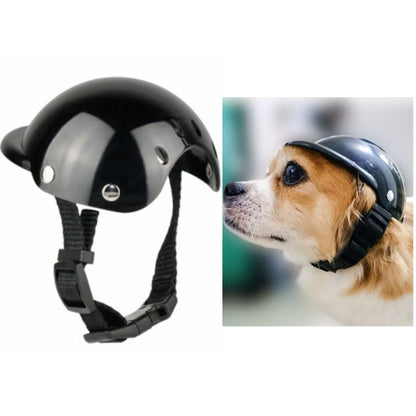 Black pet helmet with adjustable chin strap and vented protective dome for dogs and cats