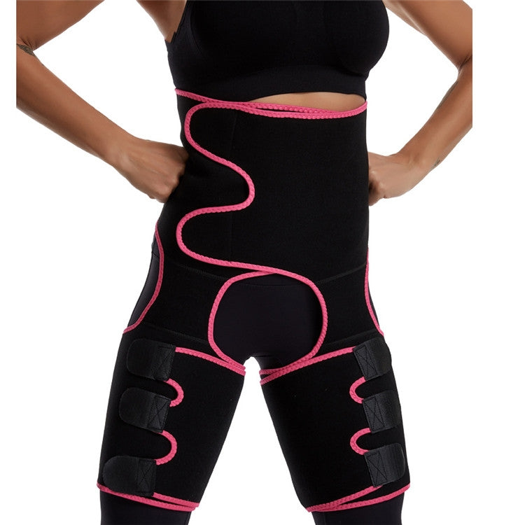 Black waist girdle with pink trim, front hip shaping panels, and adjustable thigh belts