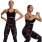 Black exercise hip belt girdle with pink trim, front panel shaping and thigh strap closures