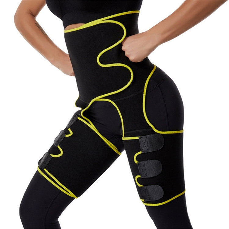 Black waist girdle with neon yellow trim, front hip support and adjustable thigh belt straps