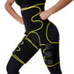 Black one-piece hip belt girdle with neon yellow trim, thigh belt panels and closures