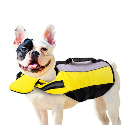 Inflatable dog life jacket in yellow, black, and gray with neck ring and handle