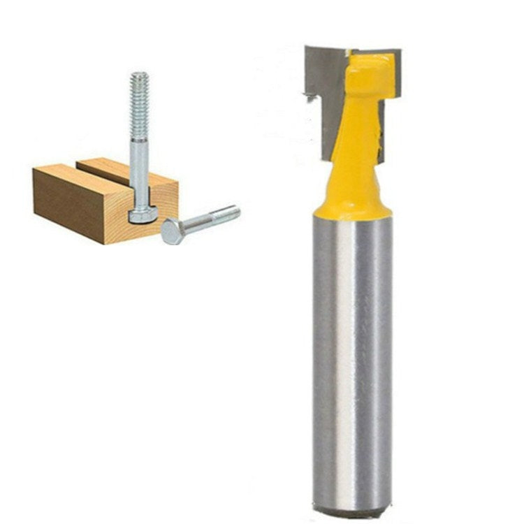 Keyhole wood milling cutter end view with yellow guide and silver shank