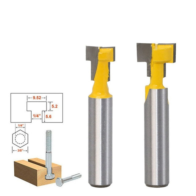 Two keyhole cutters with yellow heads and silver shanks, wall-mount photo frame style