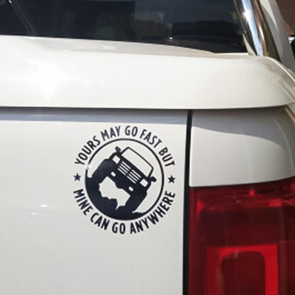 Vinyl car decal sticker with black circular text ring and truck graphic on rear panel