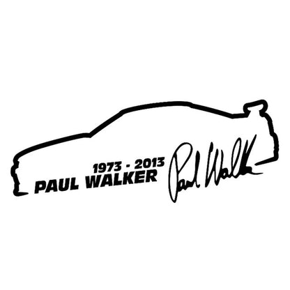 Black vinyl car sticker with Paul Walker car silhouette, 1973-2013 text and signature
