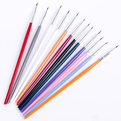 Thin nail art liner brush set with colored handles and fine pointed tips