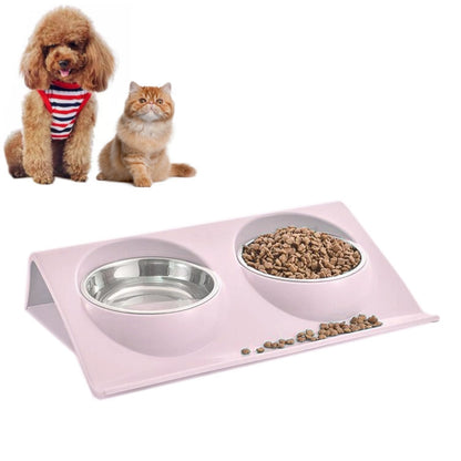 Slope pet food bowl stand with two stainless inserts and pink anti-skid base