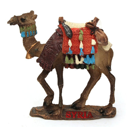 Dressed camel refrigerator magnet with colorful saddle and 'SYRIA' base