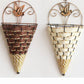 Wall-hanging rattan vase baskets with bird tops, dark and light woven cone planters