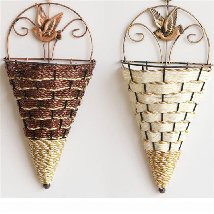 Wall-hanging rattan vase baskets with bird tops, dark and light woven cone planters
