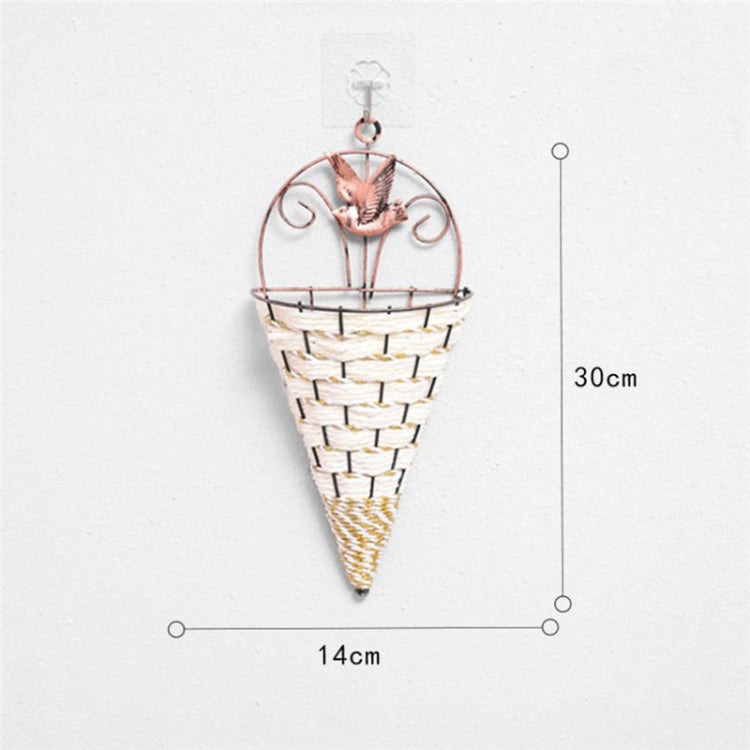 Hanging rattan vase basket with bird topper, woven cone; size 14cm x 30cm