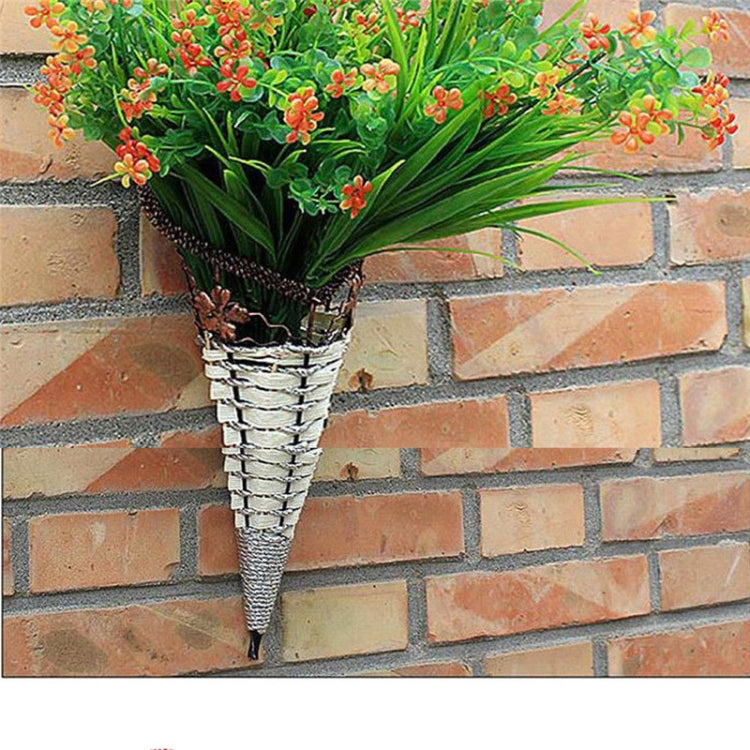 Wall-hanging rattan vase basket with metal bird topper, gray woven cone with flowers