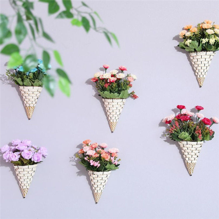 Set of small hanging rattan vase baskets in mixed colors, cone planters with flowers