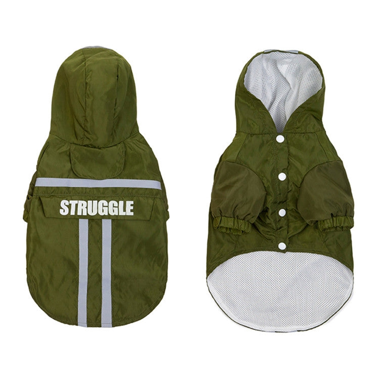 Dark green hooded dog raincoat front and back views with reflective stripe accents