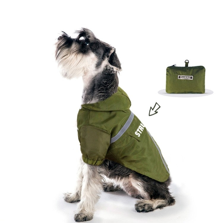 Dark green hooded dog raincoat with reflective stripes and foldable storage bag