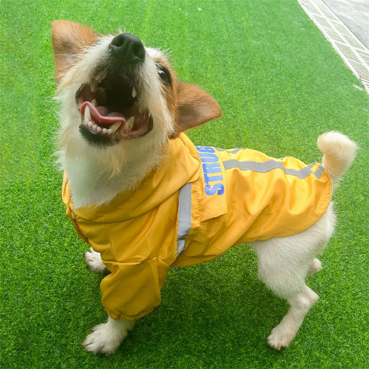 Yellow hooded dog raincoat with reflective stripes and snug elastic leg openings
