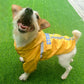 Fluorescent yellow hooded dog raincoat with reflective stripe; gray side trim