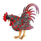 Red and gray rooster brooch with rhinestone speckles, red comb, and curled wings