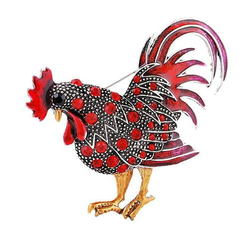 Red and gray rooster brooch with rhinestone speckles, red comb, and curled wings