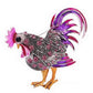 Purple rooster enamel brooch with jeweled speckles, pink comb, and arched tail