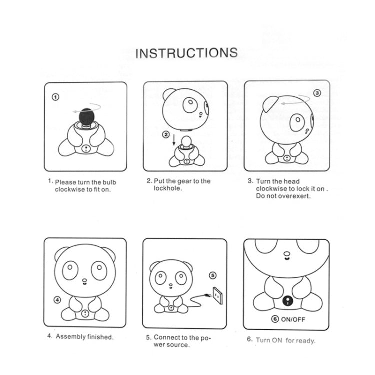 LED night light instruction diagrams showing assembly and on/off operation steps