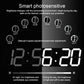 LED digital wall clock display with white digits and smart brightness level icons