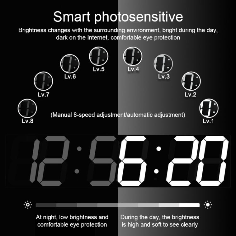 LED digital wall clock display with white digits and smart brightness level icons