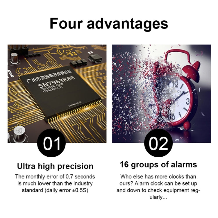 LED wall clock features graphic with precision icon and alarm group icon