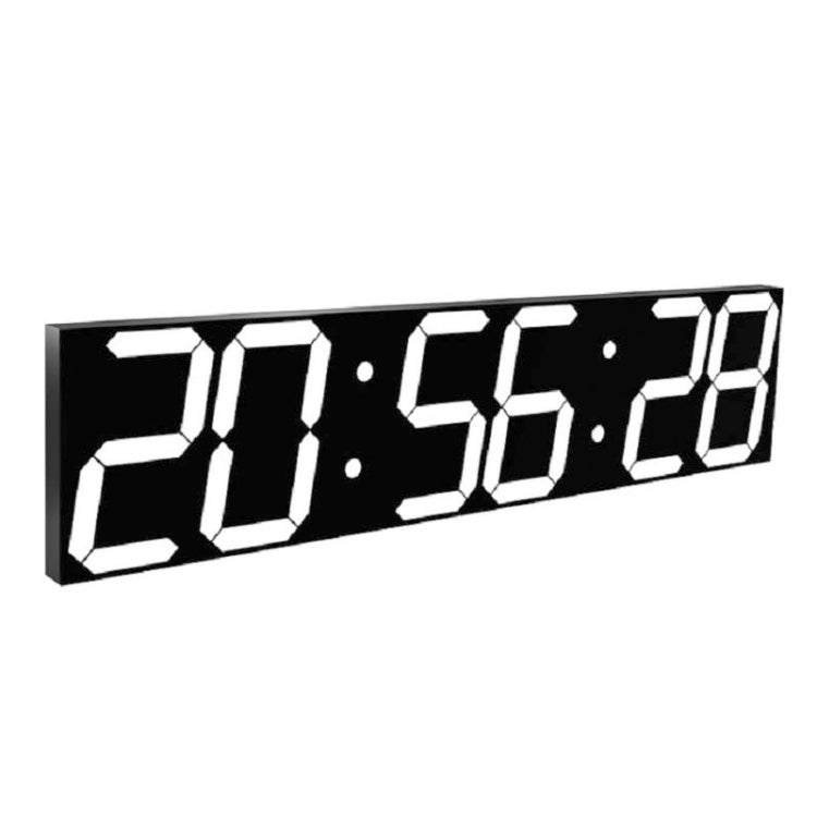 LED digital wall clock close-up with white digits on black panel