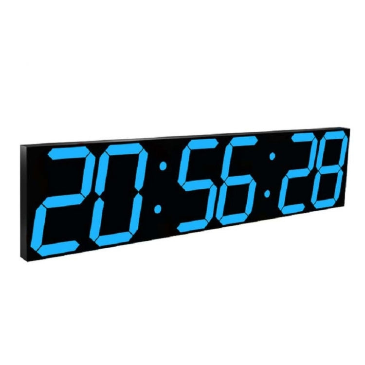 LED digital wall clock close-up with blue digits on black panel
