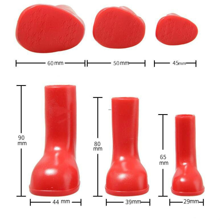 Size chart with measurements for red dog rain boots in three sizes