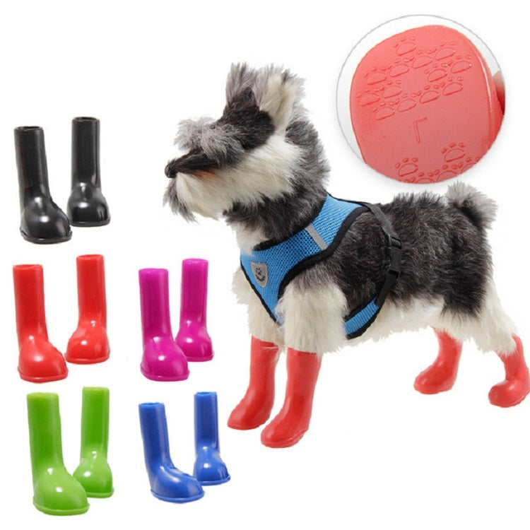 Color assortment of 4-piece dog rain boots plus a dog wearing one pair