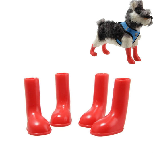 4-piece red waterproof dog rain boots with non-slip tread, shown as a set