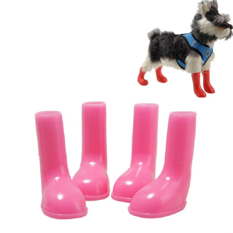 4-piece pink waterproof dog rain boots with non-slip tread, shown as a set