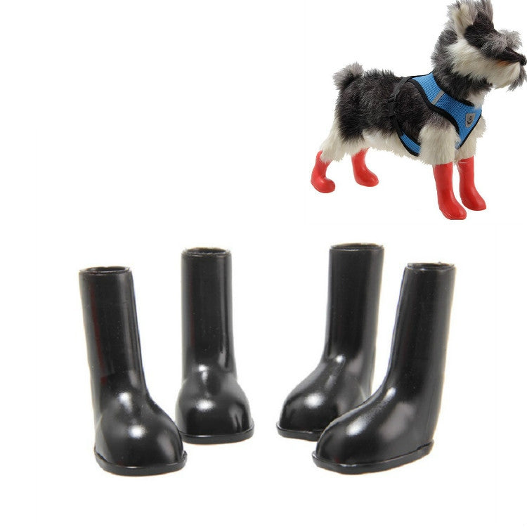 4-piece black waterproof dog rain boots with non-slip tread, shown as a set