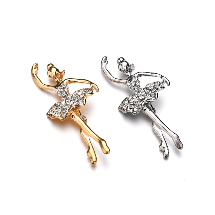 Ballet dancer crystal brooches in gold and silver tones, tutu with sparkling stones