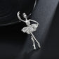 Silver-tone ballet dancer crystal brooch with tutu skirt, curved pose and legs