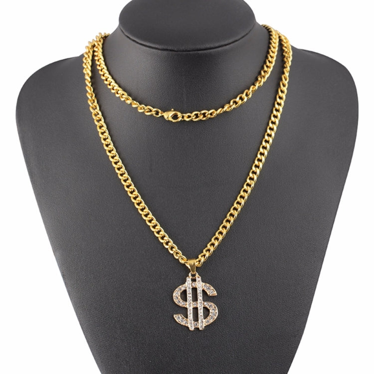 Gold-tone dollar-sign pendant necklace on black bust, rhinestone detail