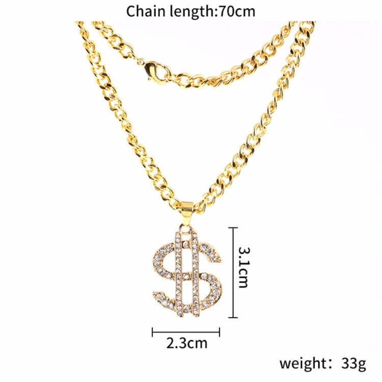 Gold-tone chain necklace with rhinestone dollar-sign pendant; 70cm chain length