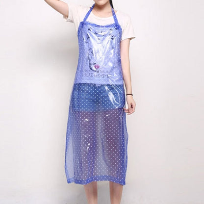 Blue transparent waterproof apron with white polka dots and front pocket