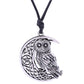 Antique silver owl moon pendant on black cord, celtic knot and crescent design