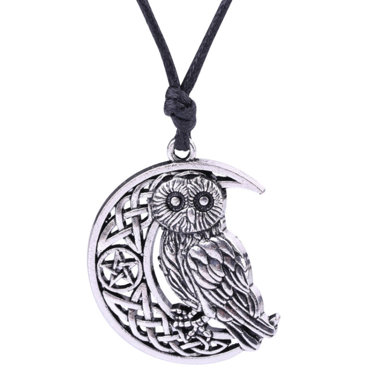 Antique silver owl moon pendant on black cord, celtic knot and crescent design
