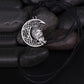 Antique silver owl moon pendant on black cord, circular crescent with knotwork