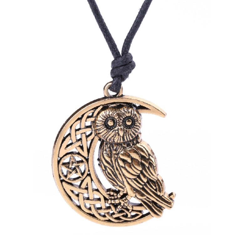 Antique gold owl moon couple necklace pendant with celtic knot crescent and black cord