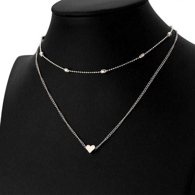 Silver multi-layer heart clavicle necklace with small round bead links