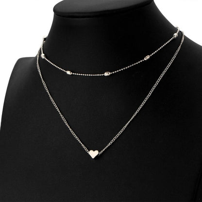 Silver multi-layer heart clavicle necklace with small round bead links