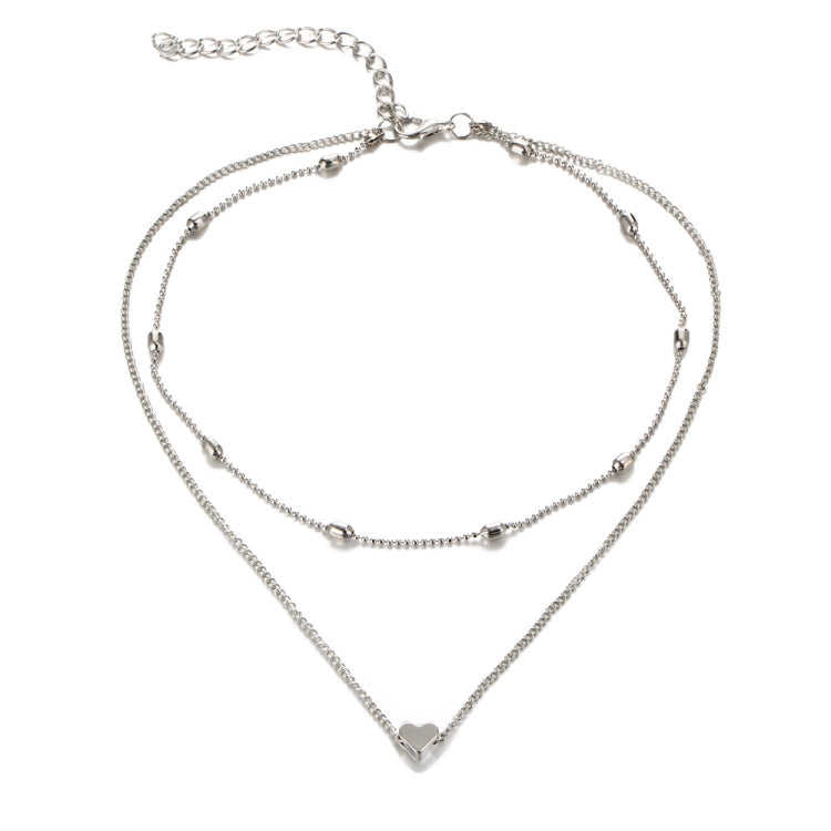 Silver layered heart necklace set with small bead chain and heart pendant